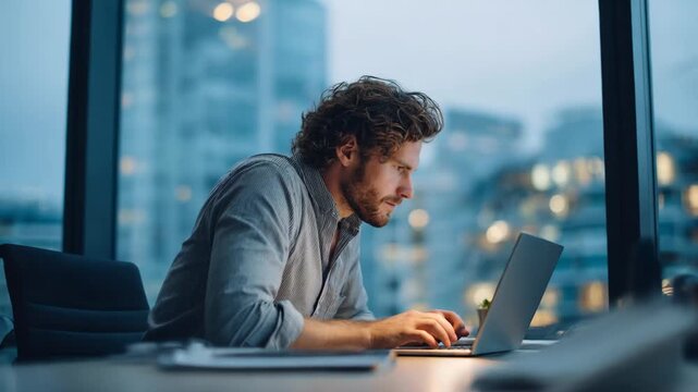 Man works on laptop in modern office during evening hours in a city skyline setting