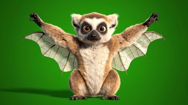 Green screen lemur with white wings poses playfully above a vivid backdrop, showcasing cartoon charm from a front-facing perspective