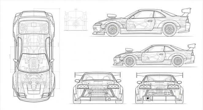 Detailed Blueprint Schematics of a Sports Car.