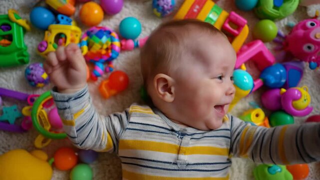 Baby plays happily on the floor surrounded by colorful toys in a cheerful setting filled with laughter and joy during playtime