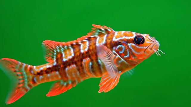 Close-up of a vibrant orange and white striped tropical fish with barbels swimming against a green background.