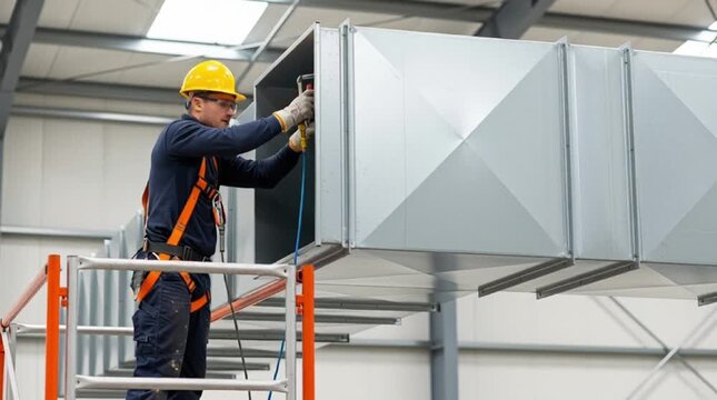 Man in hard hat works on large industrial air duct