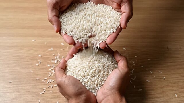 Slow motion close-up of white uncooked rice pouring from one pair of cupped hands into another, symbolizing harvest, food security, and abundance on a wooden background.
