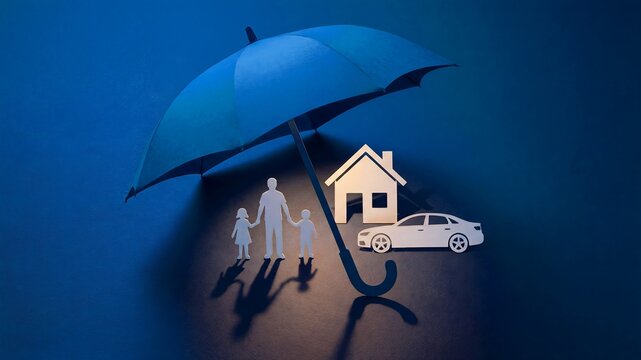 Conceptual representation of comprehensive insurance coverage protecting family assets like a home and automobile under a sheltering blue umbrella against uncertainty.