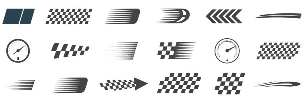 racing stripe vector set, motorsport racing flags, checkered patterns, speed motion lines, direction arrows, start finish banners, automotive race vector illustration collection.