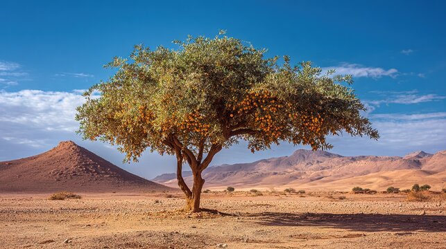 argan. Solitary argan tree with golden fruits in a Moroccan desert landscape. travel magazines, destination branding, designed for travel destination branding, used by sports marketers.