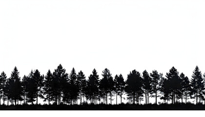 Fototapeta premium Vector silhouette illustration of a dense coniferous forest line, presenting a natural and serene border element against a crisp white background, ideal for design projects