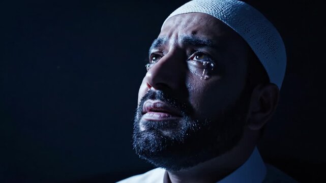 Emotional Muslim Man Crying and Supplicating (Dua) to Allah while Praying on a Rug in a Dark Room with Dramatic Window Light, Cinematic Slow Motion.