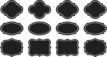 Collection of decorative vintage-inspired label silhouette designs with ornate frames, scalloped edges, and symmetrical shapes for packaging graphics © Umme