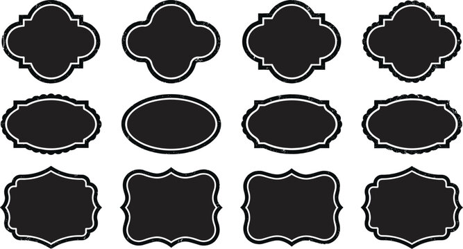 Collection of decorative vintage-inspired label silhouette designs with ornate frames, scalloped edges, and symmetrical shapes for packaging graphics