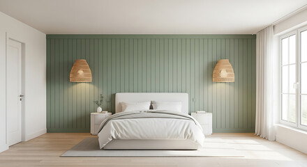Fototapeta premium A serene bedroom scene with bed, lamp, and window viewed from the entrance doorway