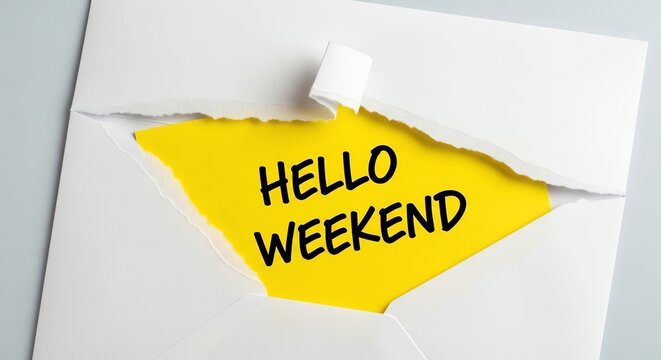A bright yellow note with the words hello weekend on a white background