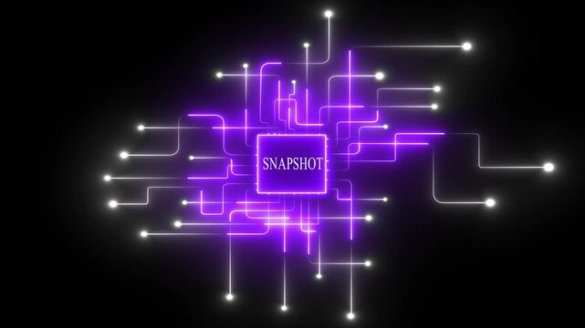 Glowing Purple Circuit Board with S N A P S H O T Text Modern Technology Background with Neon Lines and Dots