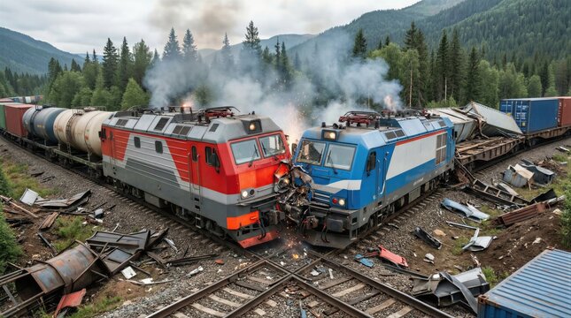 Two freight trains collided head-on on track. Accident and emergency concept for railway safety, insurance, or disaster awareness.