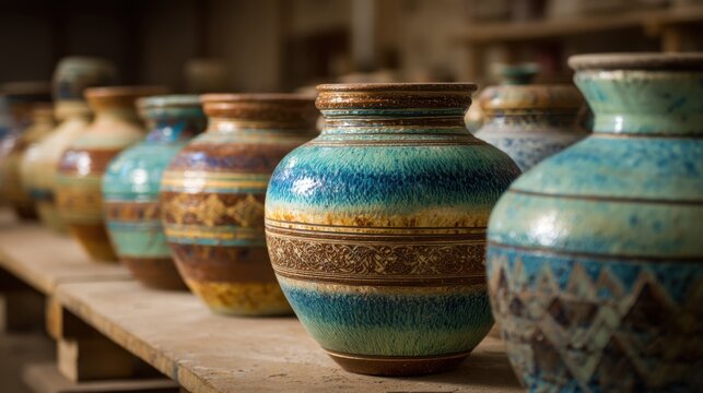 Vibrant handcrafted ceramic vases on wooden shelf in artisanal workshop.