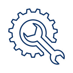 Neon blue gear and wrench icon isolated on transparent background