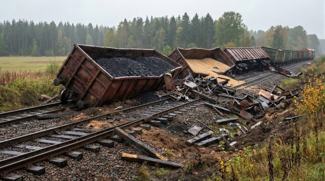 Train derailment wreck scene with overturned freight wagons on railroad tracks in countryside. Accident and disaster concept.
