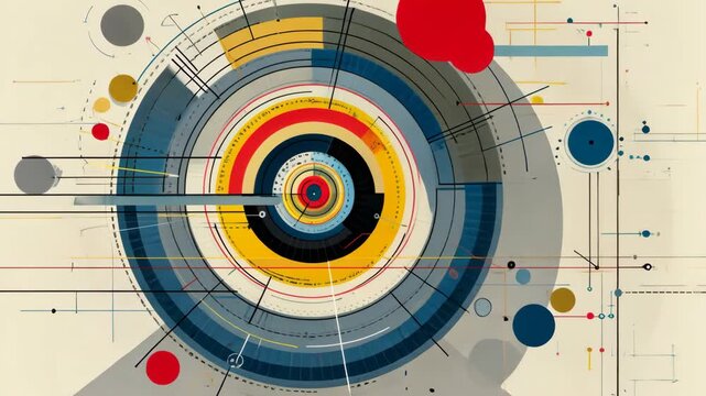 Abstract geometric composition with concentric circles, lines, and colorful shapes