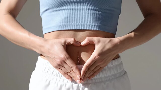 Heart Shape Hands on Stomach Showing Female Anatomy Wearing A Crop Top And Sweatpants With Soft Light Against White