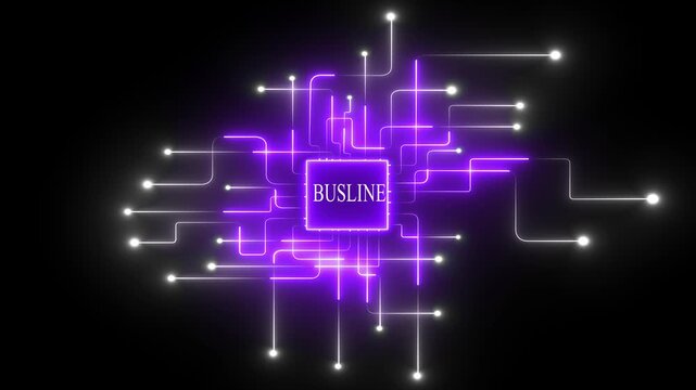Glowing Purple Circuit Board with Busline Text and Neon Connections on Black Background purple glow