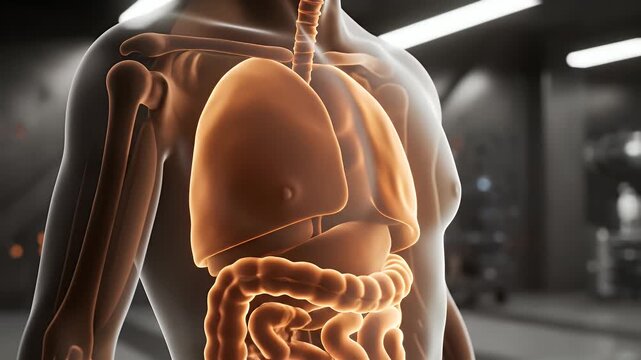 Human Torso Anatomy Scan with Lungs and Digestive System Inside Body on Dark Grey Abstract Background for Scientific