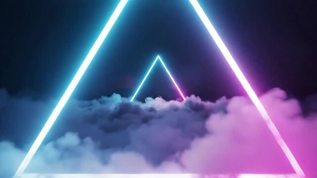 Abstract triangle neon geometric shape glowing through clouds with futuristic atmosphere