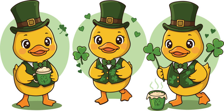 Three adorable cartoon ducks dressed for st patrick s day in green hats and clothes