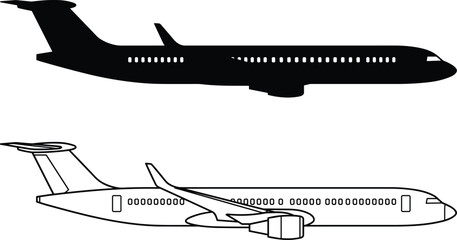 Side view silhouette and outline vector illustration of a modern commercial narrow body passenger airplane with T-tail and winglets isolated. © KRISNARANI