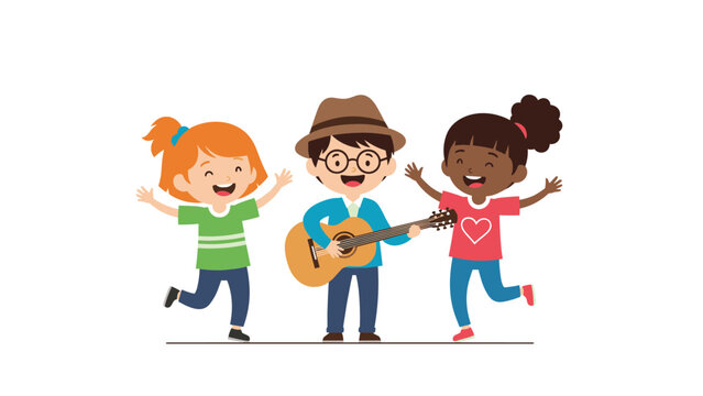 Talented young boy playing the guitar while two happy girls dance and sing along joyfully in a fun musical performance.