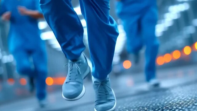 People wearing blue scrubs running down street.