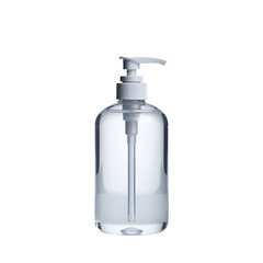 Clear plastic pump dispenser bottle with white cap and nozzle