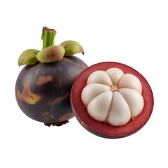 Freshly cut mangosteen fruit revealing its juicy white segments and vibrant purple rind