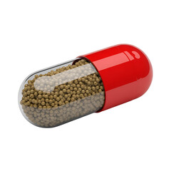 A classic capsule pill with red and white ends and a textured middle section