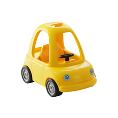 Bright yellow toy car with a smiling driver figure inside