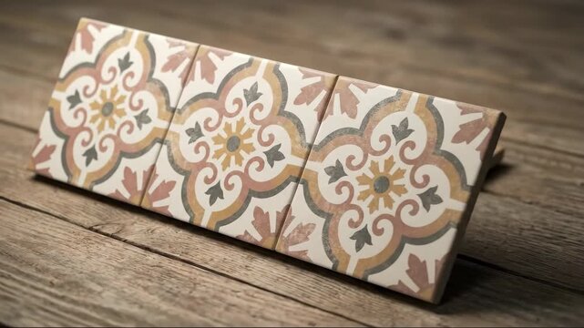 Patterned tile samples arranged in a row with one slightly angled on a wood surface for home renovation