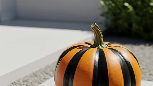 Orange and black striped pumpkin with green stem on white surface under bright sunlight