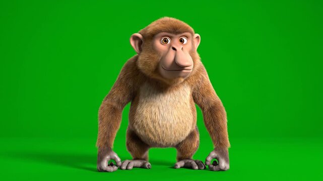 3D animation of a monkey standing on all fours on a green screen, viewed from the front.