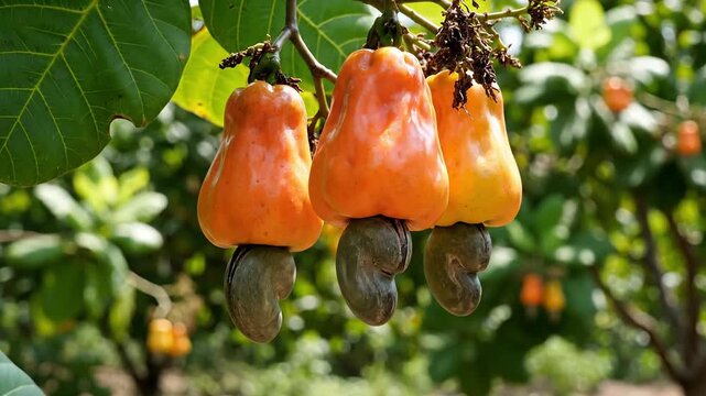 Ripe Cashew Fruits Hanging on Tree Branch with Green Leaves, Tropical Orchard Harvest