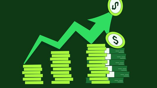 2d animation showing graph showing rise in profits or earnings. stack of coins and dollar sign paper money. On green background.