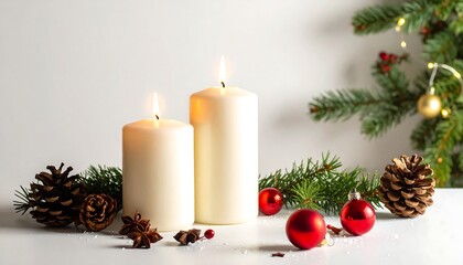 Illuminated candles beside festive decorations with evergreen foliage