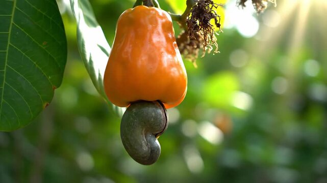Ripe Orange Cashew Apple Fruit Hanging on Tree Branch with Green Leaf