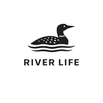 Blackandwhite illustration of a loon bird swimming on water with river life branding