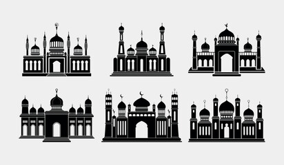 Set of Black Silhouettes of Islamic Mosques architecture
