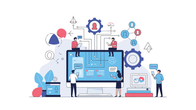 Collaborative tech team works around a central system monitor to manage complex digital processes and social network configurations.