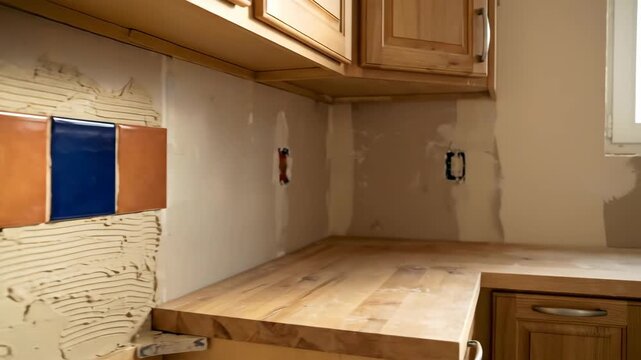Kitchen renovation with ceramic tiles and wooden countertop installation. Home improvement project with blue and brown backsplash.