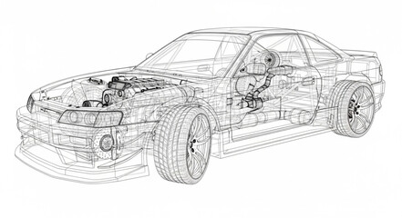 Detailed Car Blueprint Wireframe Illustration.