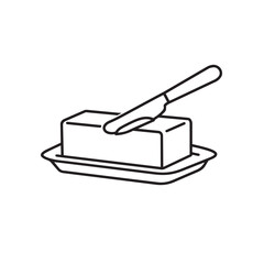 black and white line drawing of butter on a plate with a knife