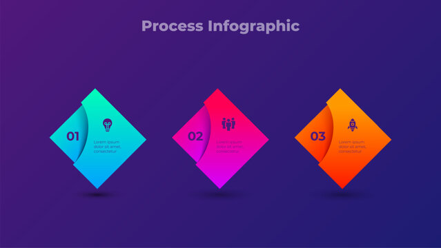 Three steps diamond process diagram with gradient blocks and icons on dark purple gradient background