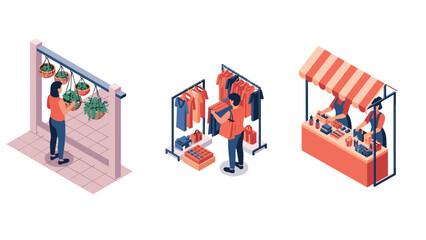 Isometric scenes of daily activities: gardening, shopping, and market stall