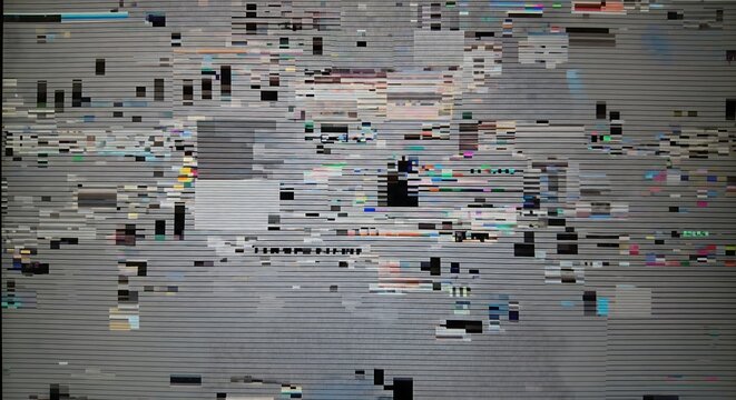 Chaotic digital screen displaying a severe technical glitch with fragmented pixels, distorted data streams, and flickering static noise, symbolizing signal interference or system malfunction